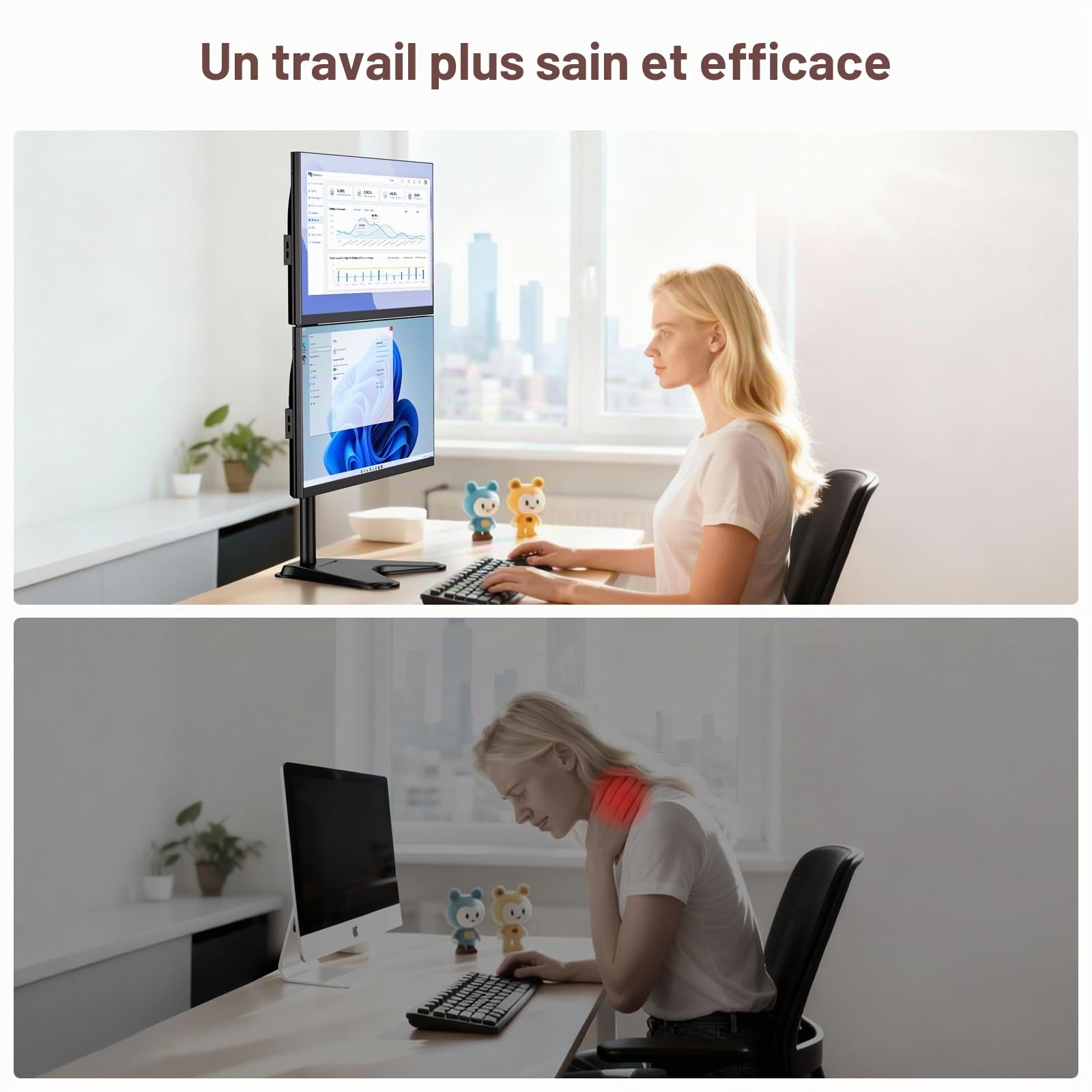 PUTORSEN Support Double Ecran PC, Support de Bureau autoportant Double écran pour Écrans 13-34 Pouces(Hauteur 81.5cm), Charge Max 9kg, VESA 75x75/100x100 mm