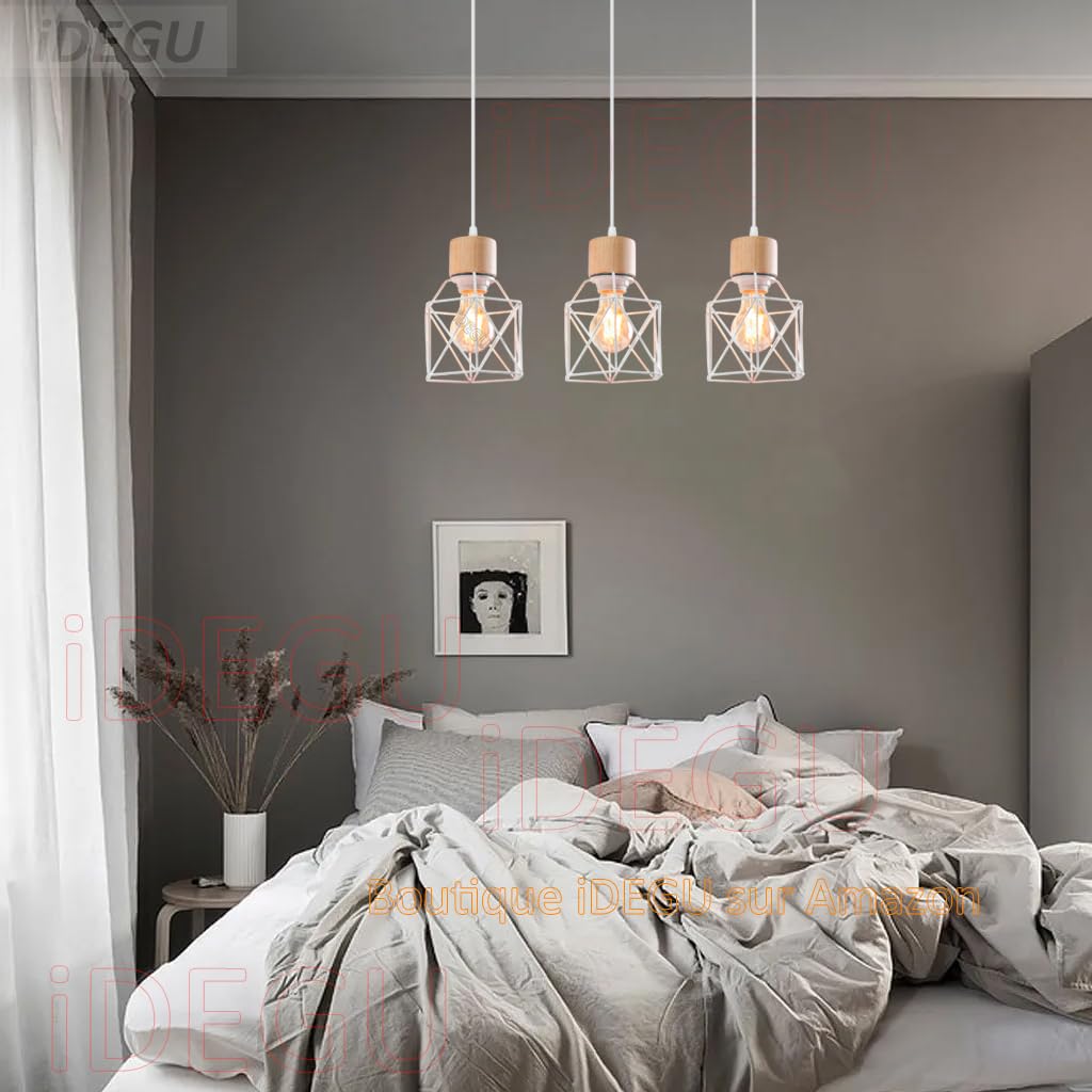 iDEGU 3 Luci Lampadario a sospensione vintage a forma di diamante metallo plafoniera industriale gabbia illuminazione E27 per sala da pranzo, camera da letto, caffè, bar (bianco