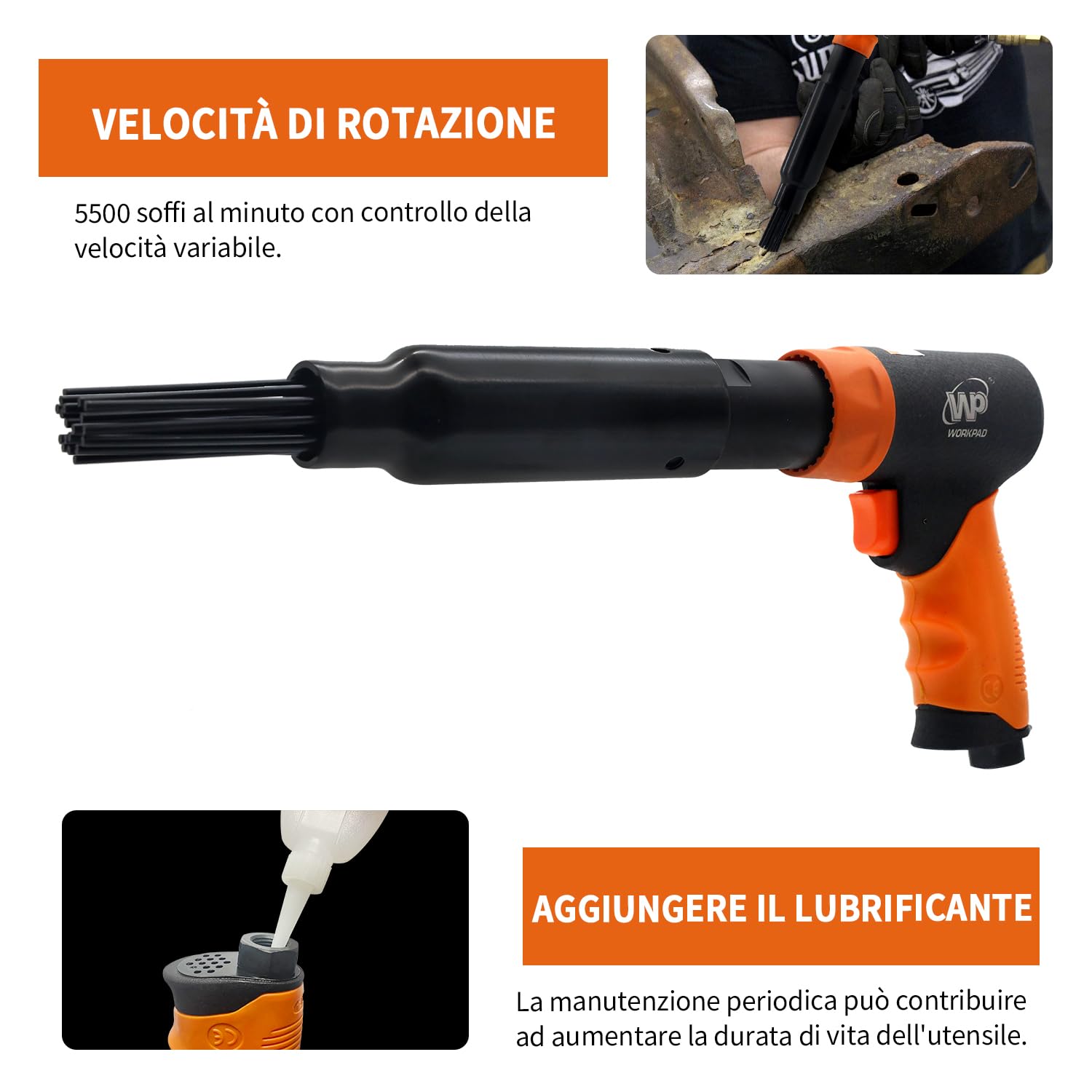 WorkPad Pistola ad aghi professionale ad aria compressa 5000 giri/min, 19 aghi, antiruggine, sverniciatore per meccanici auto, tappezzieri, potente e sicuro!