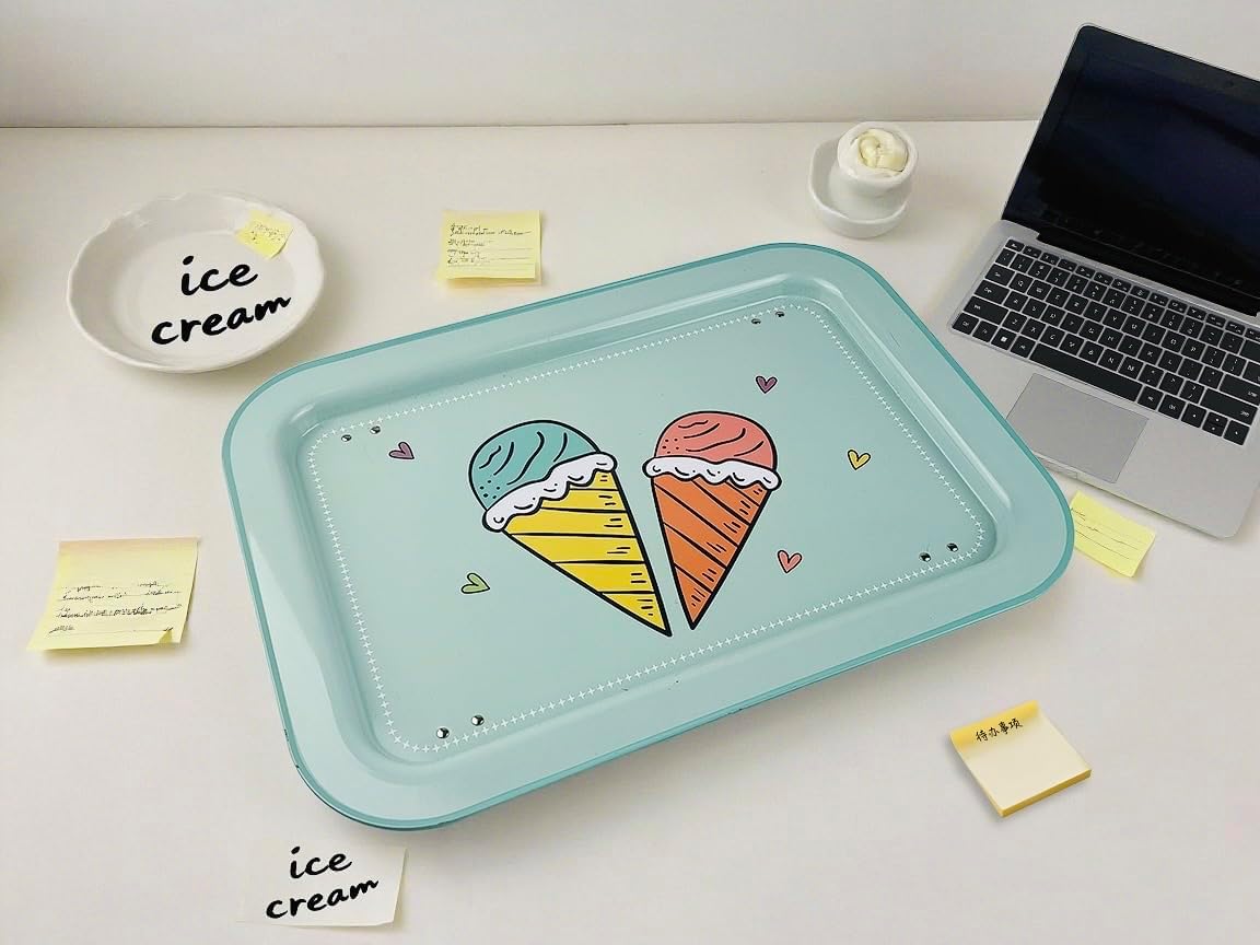 Metal Tray with Foldable Legs, Serving Tray Table for Kids, 17x12 inches, Decorative Design Metal TV Lap Bed Tray, Ice Cream Pattern, Mint Green