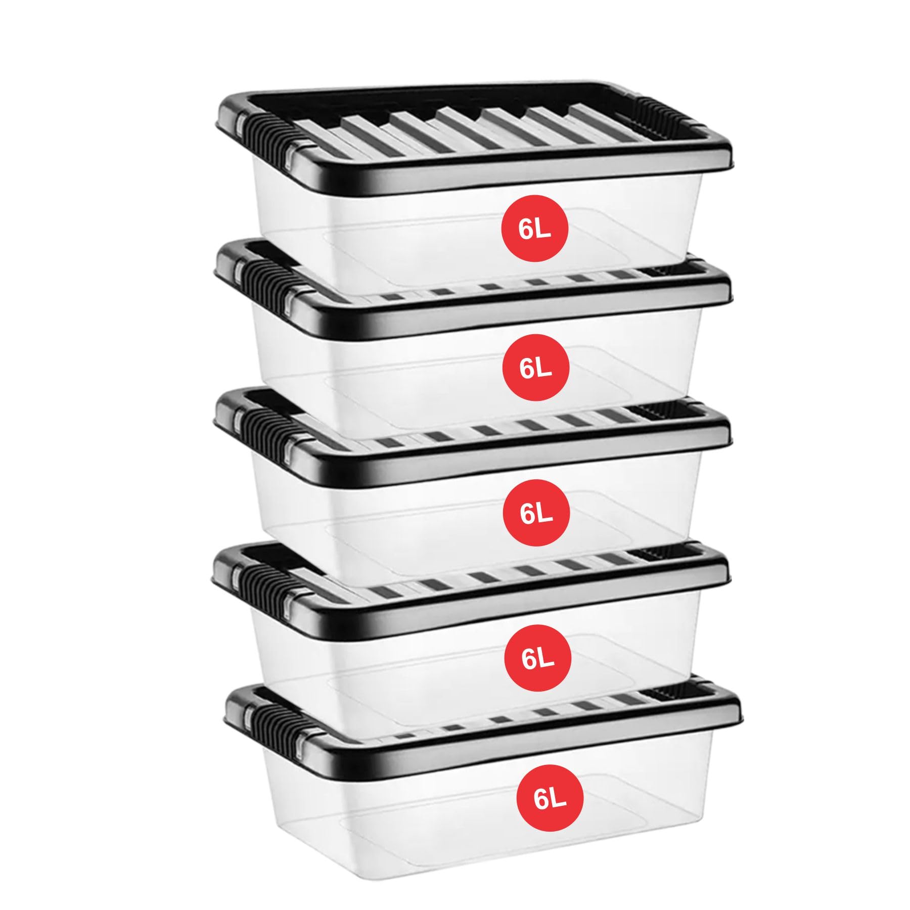 RelianceUK 6L Plastic Storage Boxes with Black Lids (6 Litre / 5 Pack) | Nestable, Stackable, Durable and Clear Containers, Underbed Storage box for Home Office Kitchen