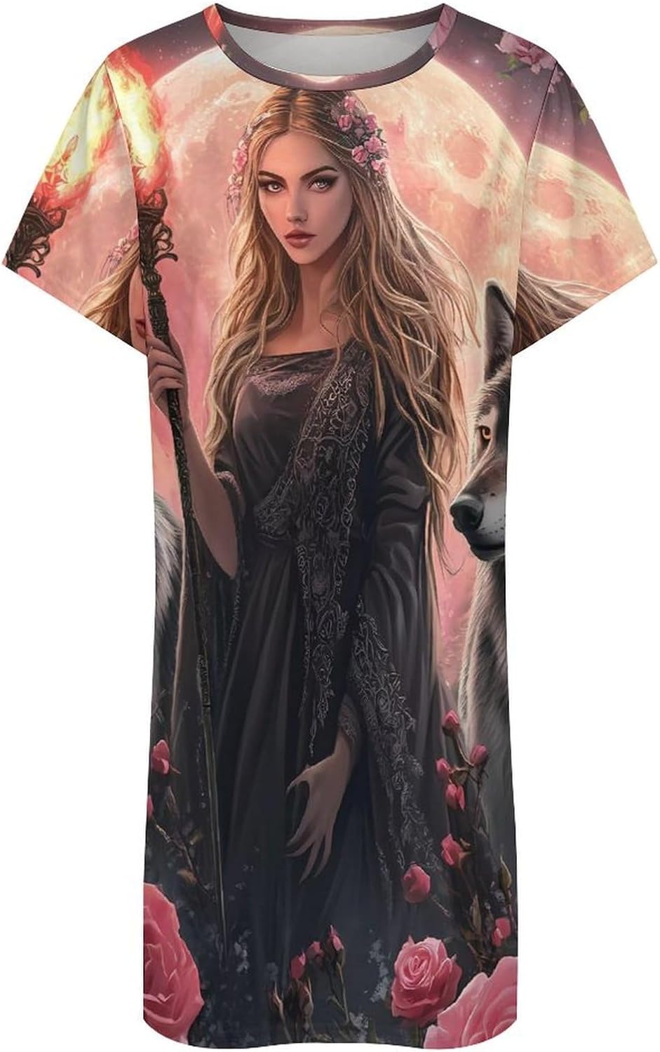 Witchcraft Goddess with Wolf Dogs Womens Nightgown Short Sleeve Sleepshirts Loungewear