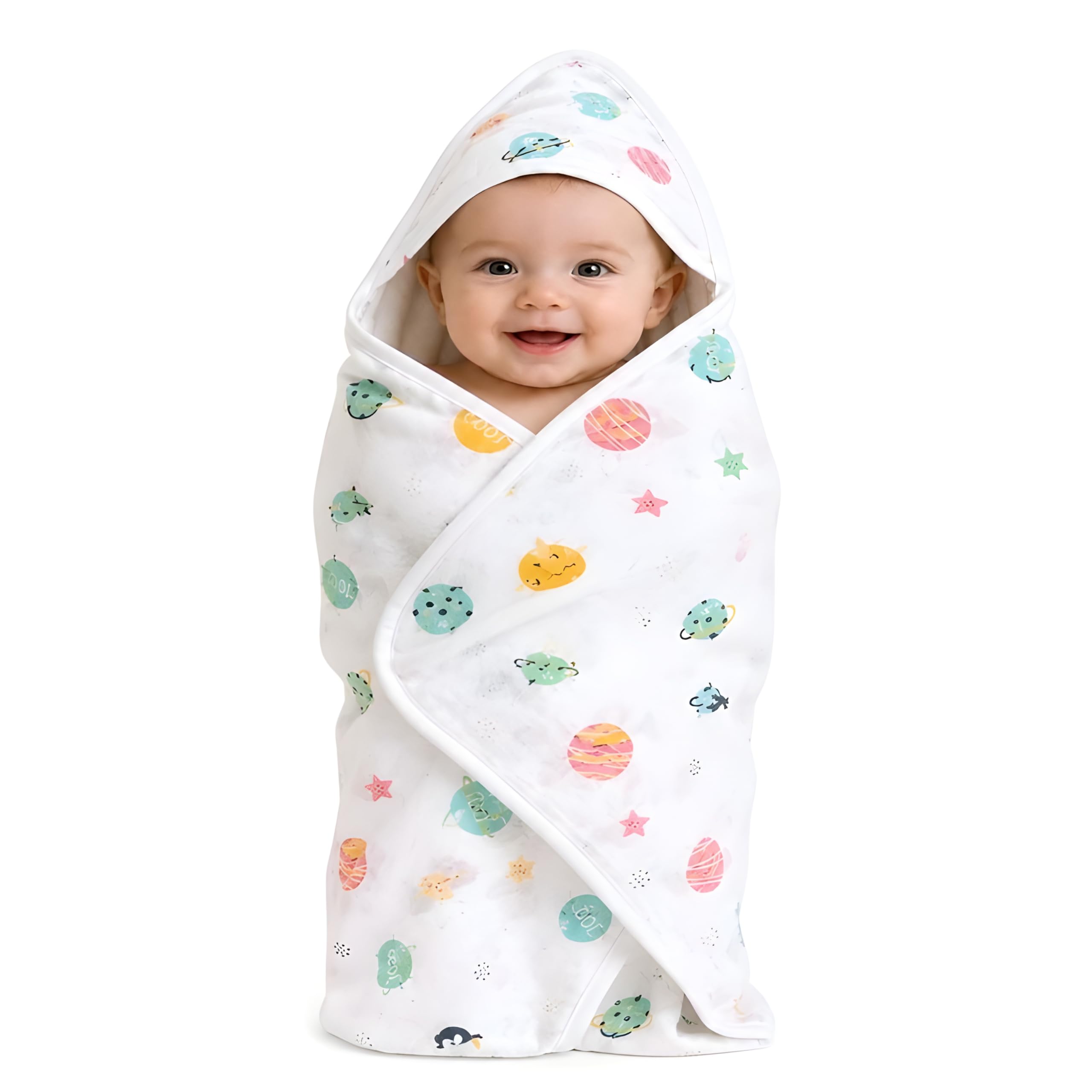 SAMSPIRE Baby Hooded Wrapper for Newborn, 100% Muslin Cotton Hooded Towel & Blanket, 70×70 cm, 4 Ply, Ultra Soft & Absorbent Bath Towel for Infants & Toddler, Pack of 1 (MHT-Space Fun)-image-6