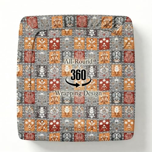 Image of VAS COLLECTIONS 180 TC Cotton Fitted Bedsheet Double Bed (72x78+8 Inches) with 2 Pillow Covers - Soft Breathable Skin Friendly Jaipuri Printed Elastic Fitted Bed Sheet, Red & Grey