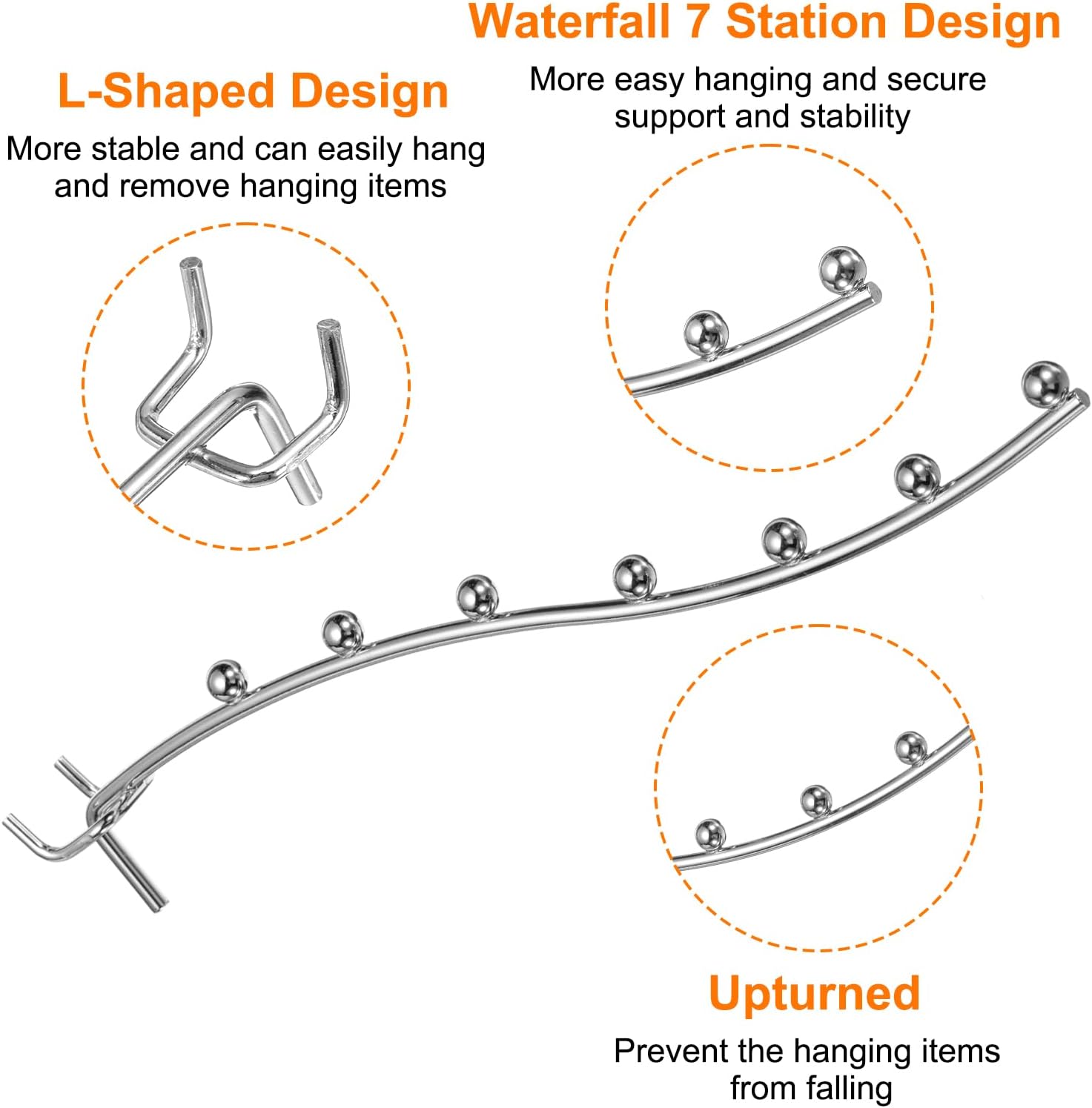 HARFINGTON 10pcs Pegboard Waterfall Hook Shelving Hooks 10.63" Stainless Steel Peg Board Display Hook Hanging Holders Wall Mount Organize Tools for Workbench Garage Kitchen Store, Silver
