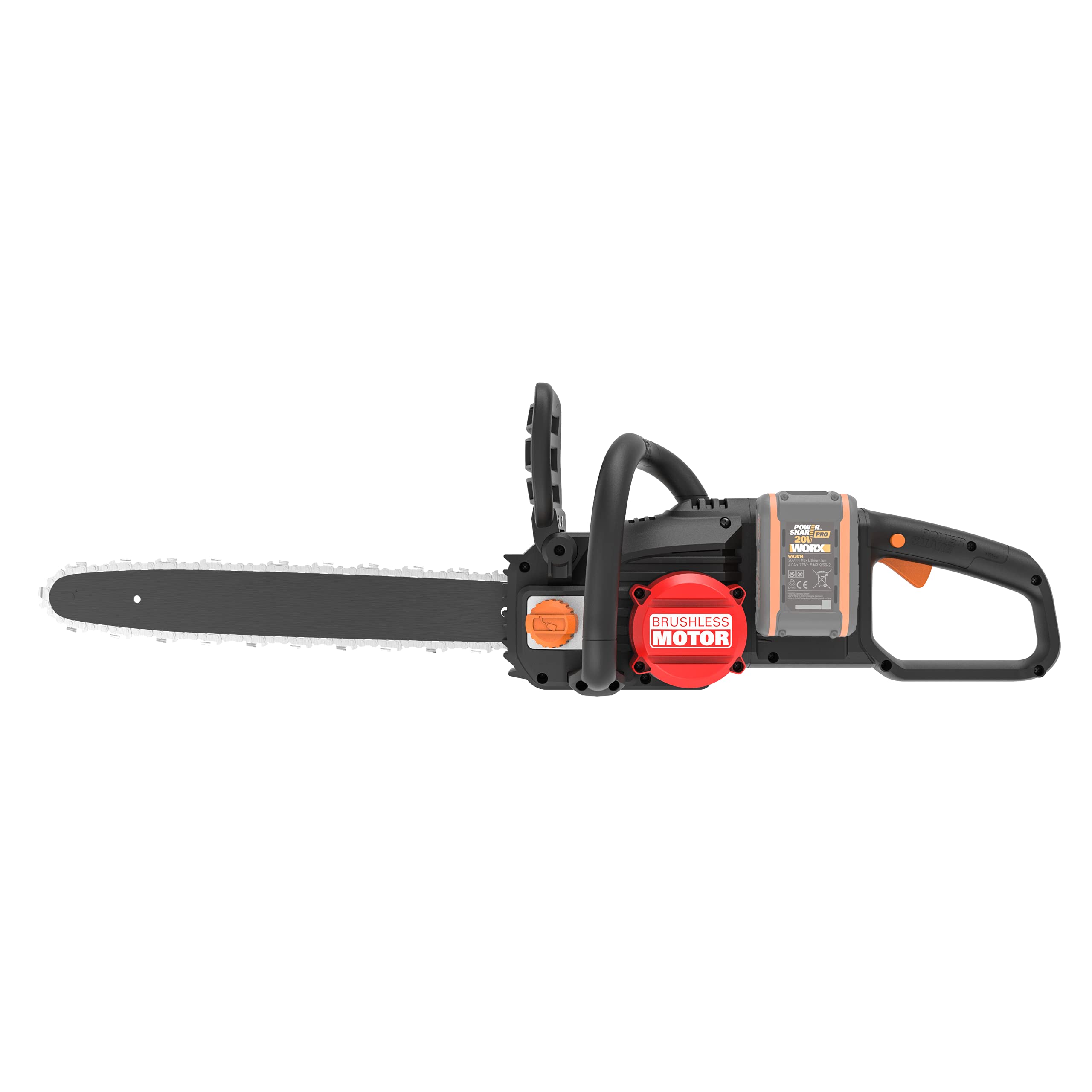 WORX Piła łańcuchowa Nitro 40V (2x20V) | PowerShare | WG385E.9 | Nie obejmuje baterii i ładowarki | Silnik bezszczotkowy | Miecz 40 cm | Hamulec łańcucha i automatyczne smarowanie