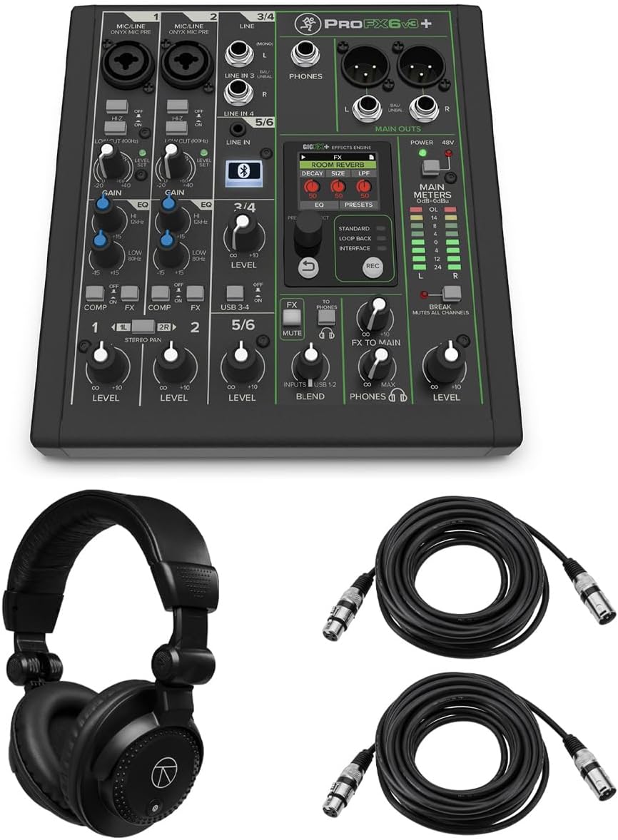 Mackie ProFX6v3+ 6-Channel Bluetooth Analog Mixer with Enhanced FX, Bundle with TAPH100 Headphones and 2x 25' 3-Pin XLR Microphone Cable
