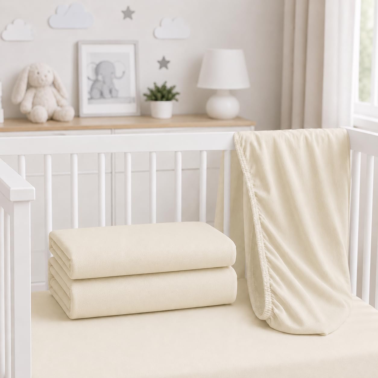 BABYMAM 2 Pack Cot Sheets 100% Jersey Organic Cotton 120x60cm Fitted Sheet Bedding Baby Bed Soft Breathable (Beige)