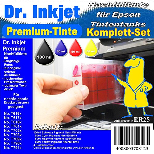 Preisvergleich Produktbild ER25 - Dr.Inkjet Starterpack mit 250ml Premium Pigmentierter Nachfülltinte für Epson Patronen mit den Nummer T70 / T78 / T79xx