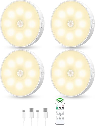 YLXS Luz de disco con sensor de movimiento con control remoto, luces inalámbricas regulables para debajo del gabinete, luz magnética recargable, luz