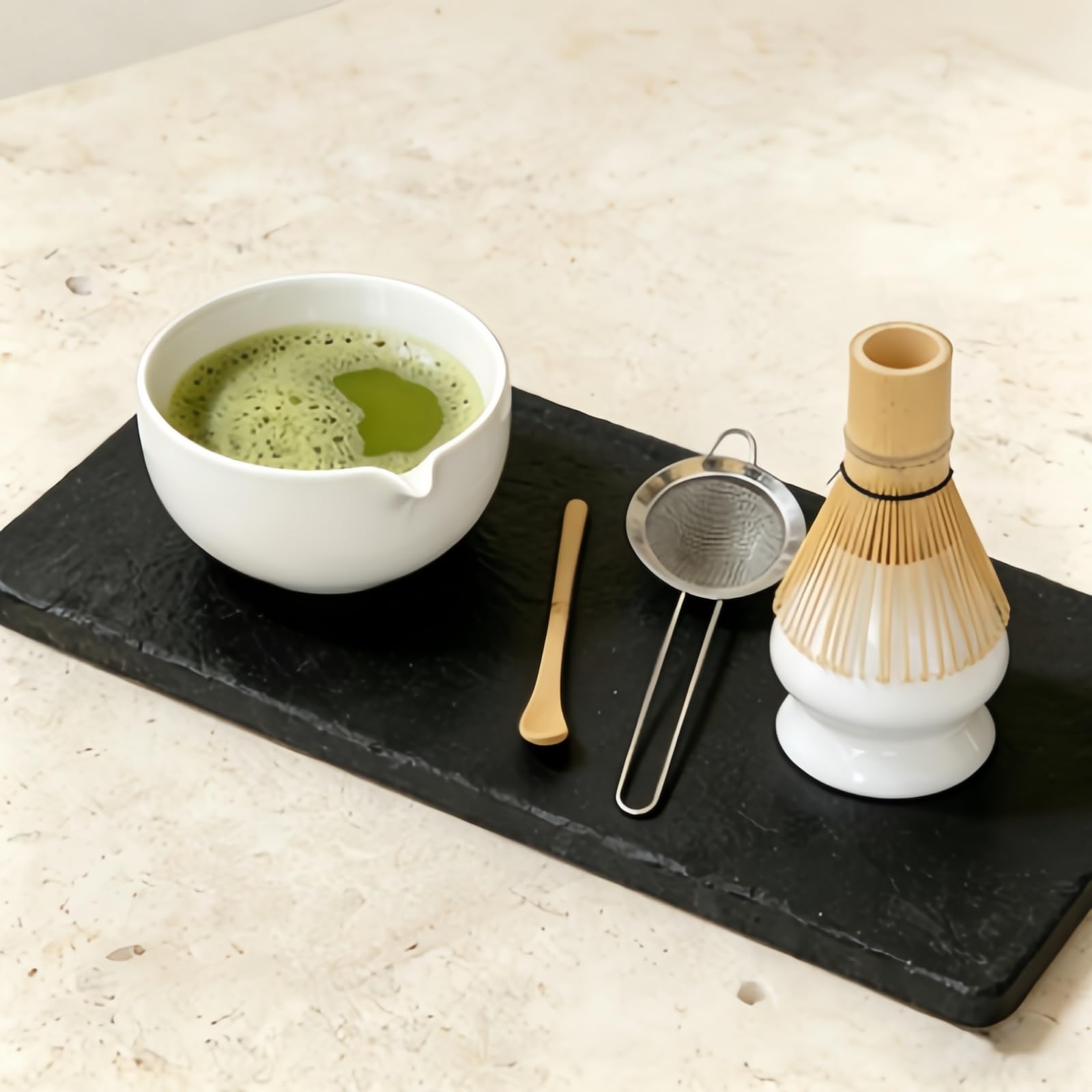 Matcha Schneebesen Set 4-teilig, mit 510.3 g Keramik Matcha Schüssel mit Ausgießer, Bambus-Schneebesen, Halter, Schaufel, für tägliche Rituale & ideales Geschenk für Teeliebhaber, elegantes modernes