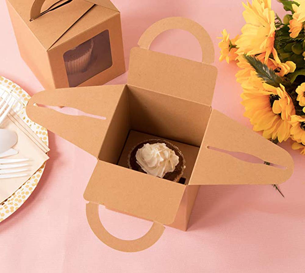 Cisolen Lot De 20 Boîtes à Cupcakes Avec Poignée Et Fenêtre - Papier Kraft Marron