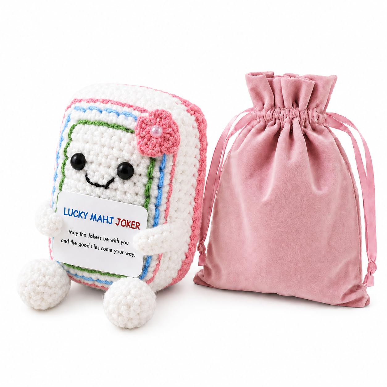 Crochet Mahjong Gift for Women, Lucky Joker Tile Figurine, Pink Pouch