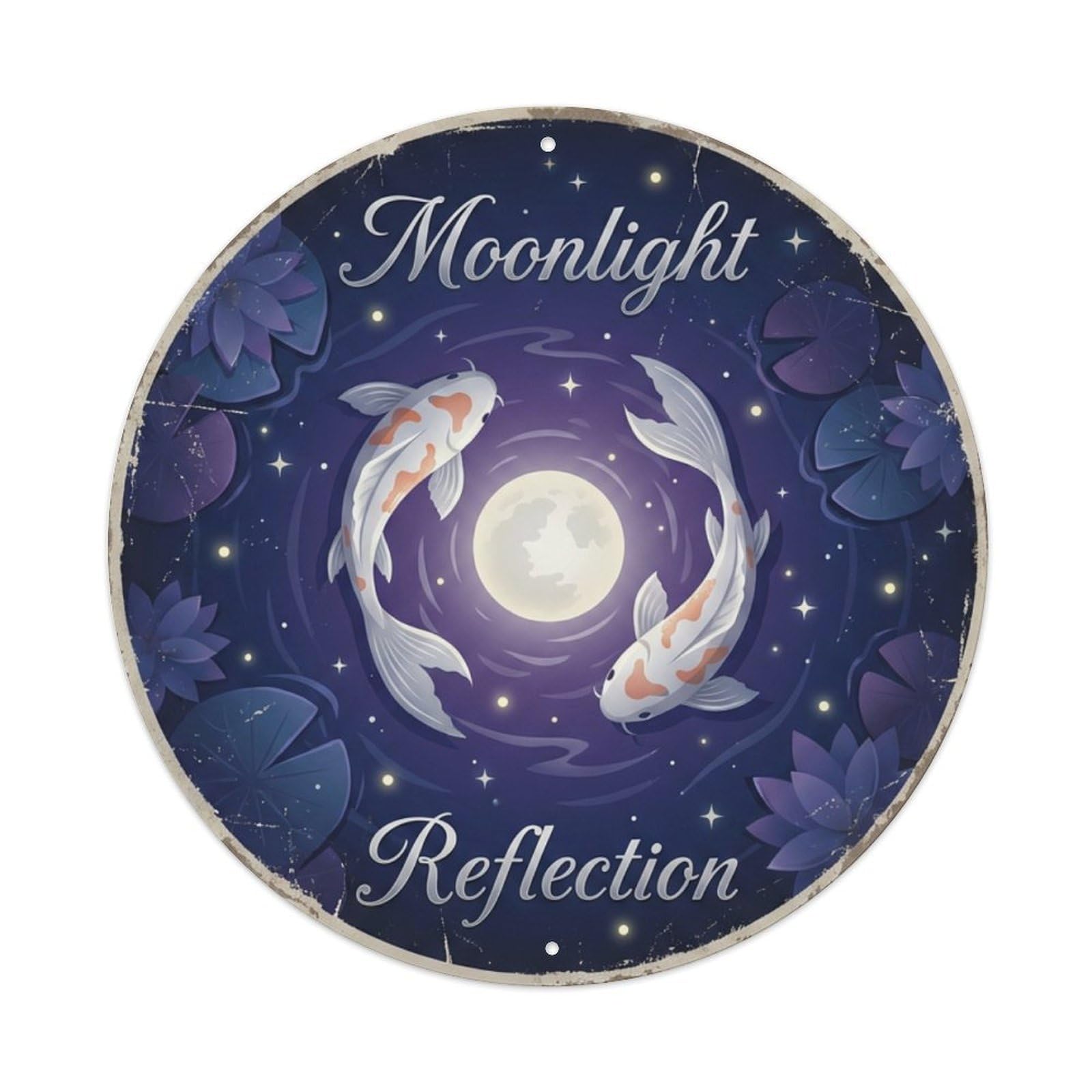 Koi Fish Moonlight Reflection Night Pond Starry Waters Metal Tin Sign