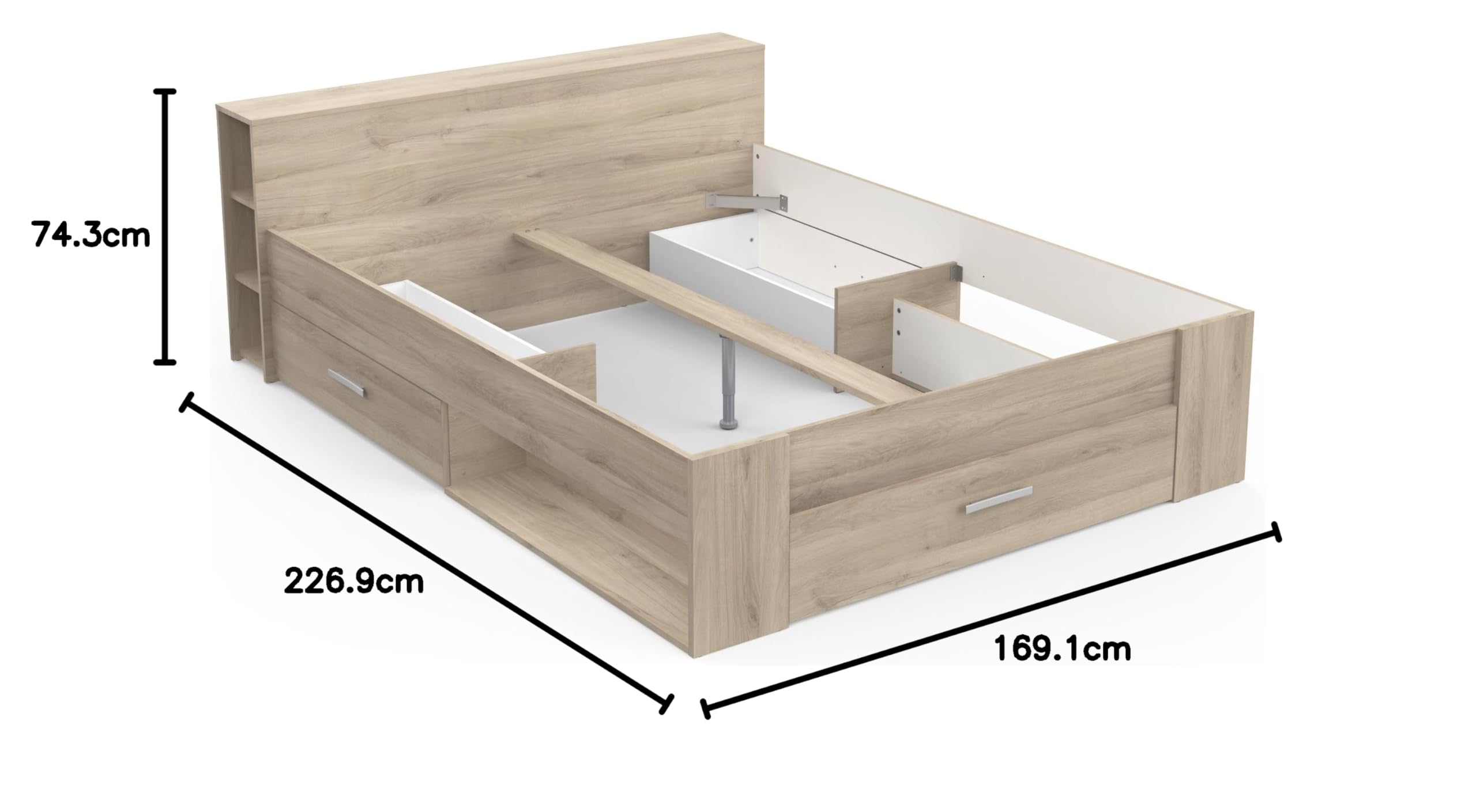 Lit 160x200 avec Rangement Style Contemporain 3 Tiroirs – Coloris Chêne - 169,1 x 226,9 x 74,3 cm