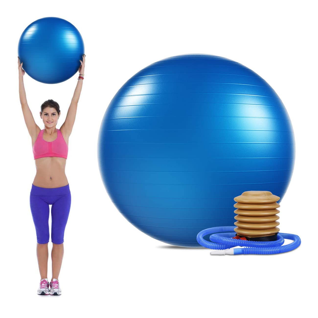 DELFINO Exercise Ball (45cm) with Quick Foot Pump, Professional Grade Anti Burst & Slip Resistant Stability Balance Ball for Yoga, Workout, Office, Classroom, Work Chair (Blue)