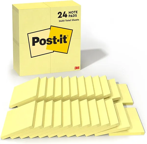Post-it Notes, 3 in x 3 in, 24 Sticky Notes Pads, 100 Sheets per Pad, The Iconic Canary Yellow Note, School Supplies and Oﬃce Products