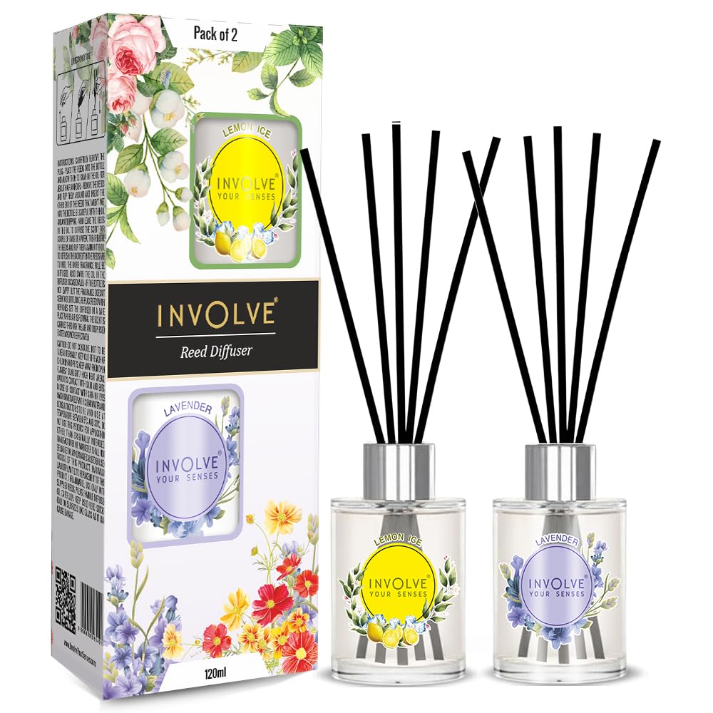 Involve Pura Reed Diffuser Set (Pack of 2) - Lavender & Lemon Ice - 120 ml | Oil Diffuser with 10 Reed Sticks | Room Freshener for Home Decor, Bedroom | Gifts Set | Gifting Items for House Warming