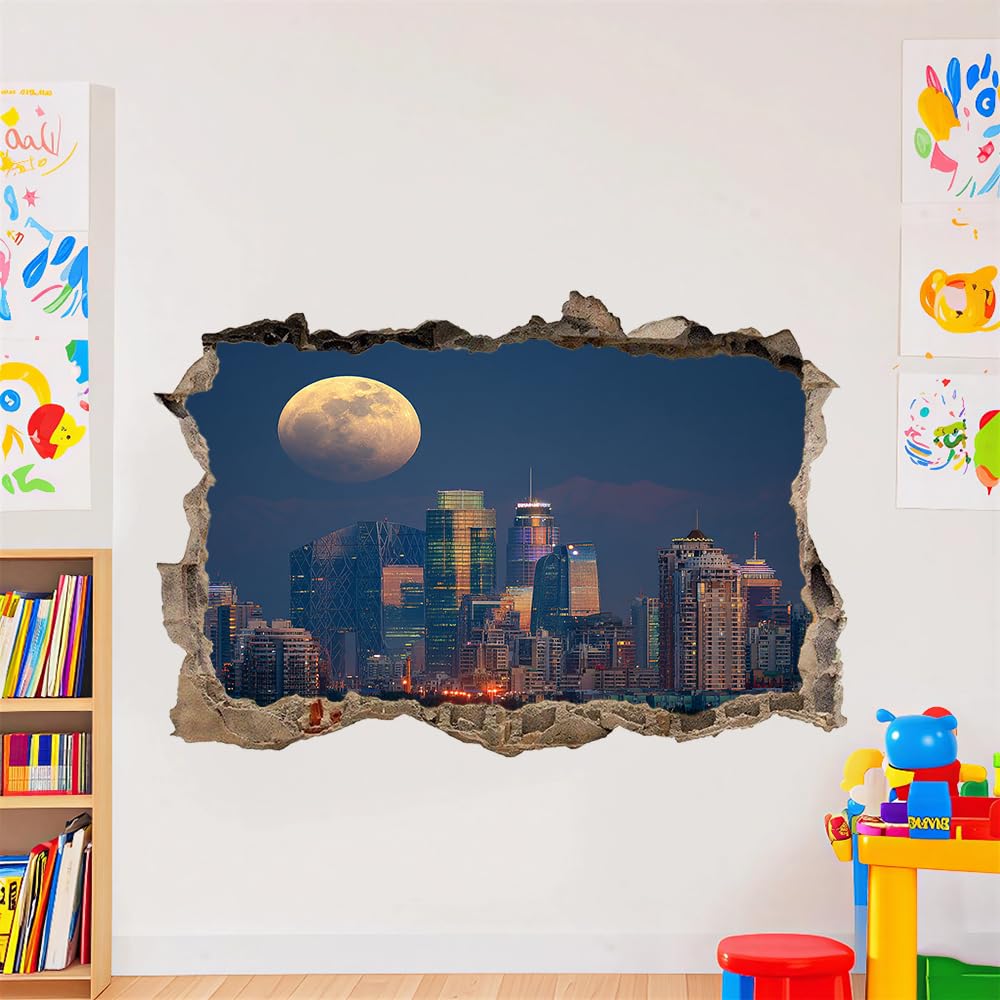 3D Wandtattoo Wanddurchbruch, Stadtsilhouette Durchbruch Wandaufkleber für Kinderzimmer, sticker für Wohnzimmer, Mond Wandsticker, Wandbild Junge Mädchen Schlafzimmer