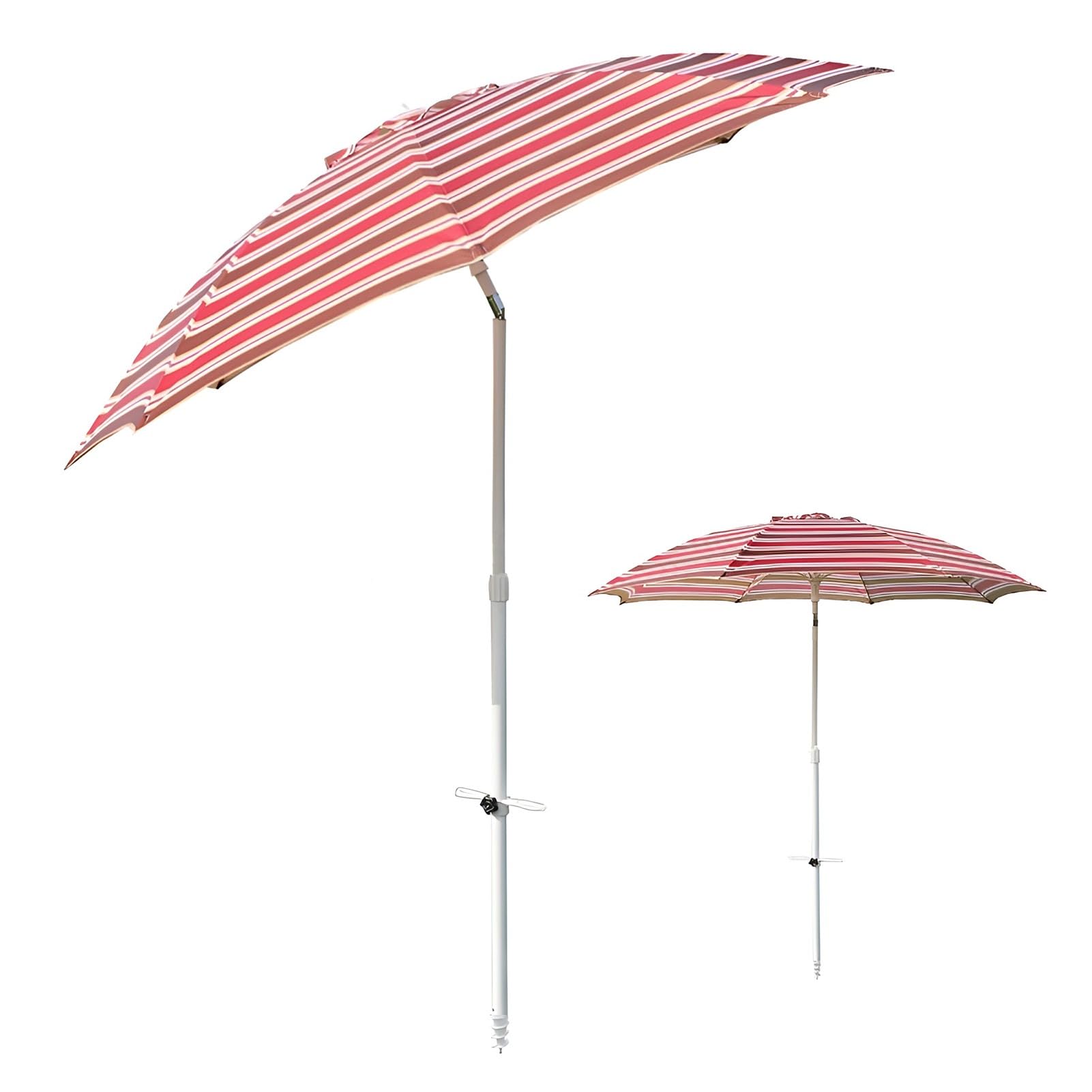 200 cm Parasol Plażowy z Pochylanym, Czerwony Paskowany Parasol Ogrodowy, Przenośny Składany Parasol Tarasowy, Regulowana Wysokość, Aluminiowy Drążek