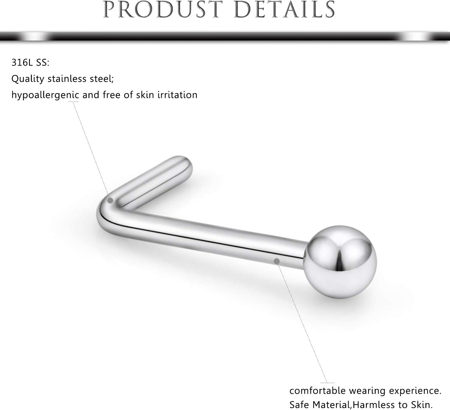 Hoeudjo Nose Studs Surgical Steel Cubic Zirconia Nose Rings Piercing Kit for Women Men Screw & Bone & L Shaped Nostril Rings Jewelry 20 Gauge 16 Pieces - Image 2