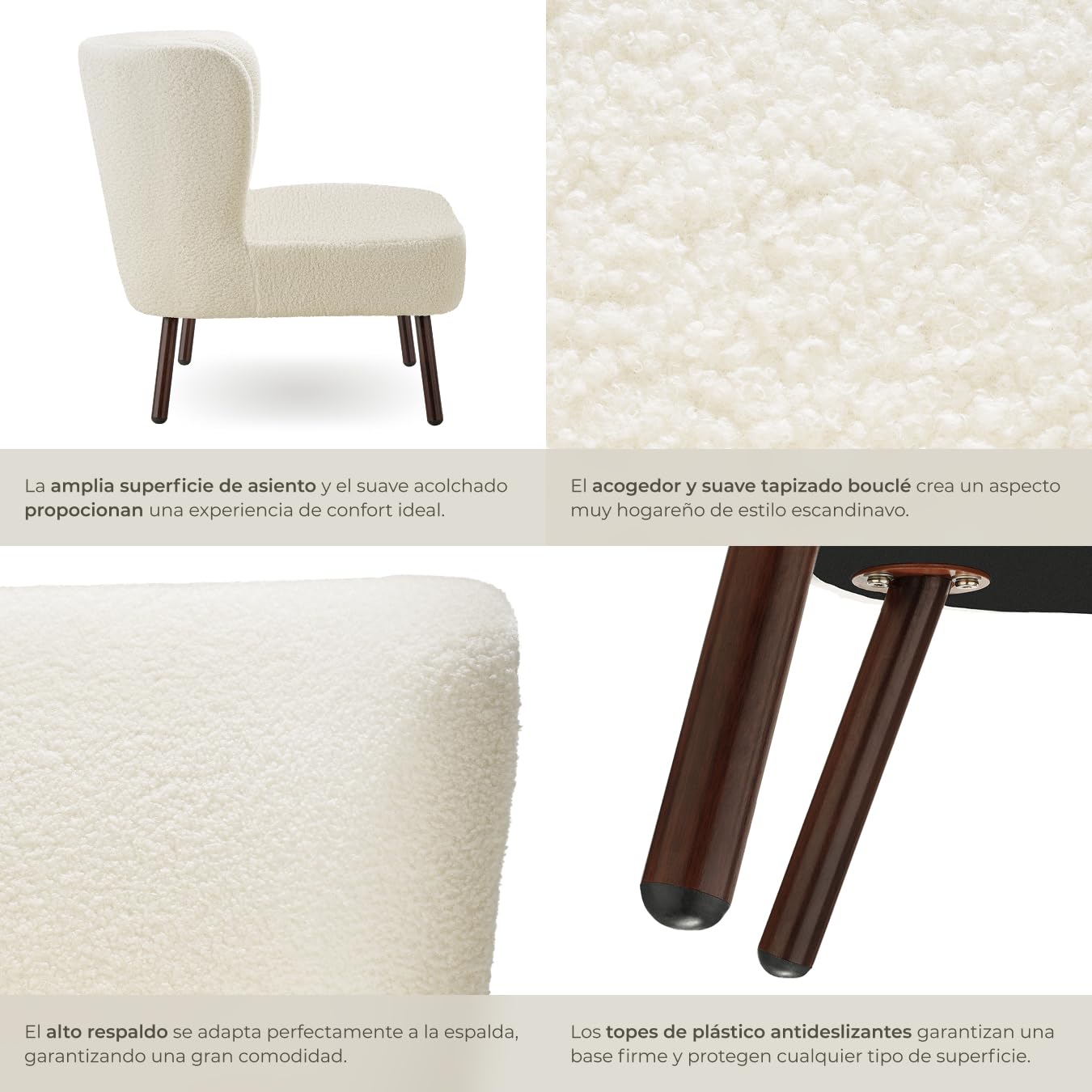 tectake® Sillon de Cóctel Acolchado, Respaldo Curvado Extragrande, Patas de Acero, Sillon Relax, Butacas de Salon, Muebles de Salon, Butaca, Sillón Orejero - Bouclé Blanco Roto
