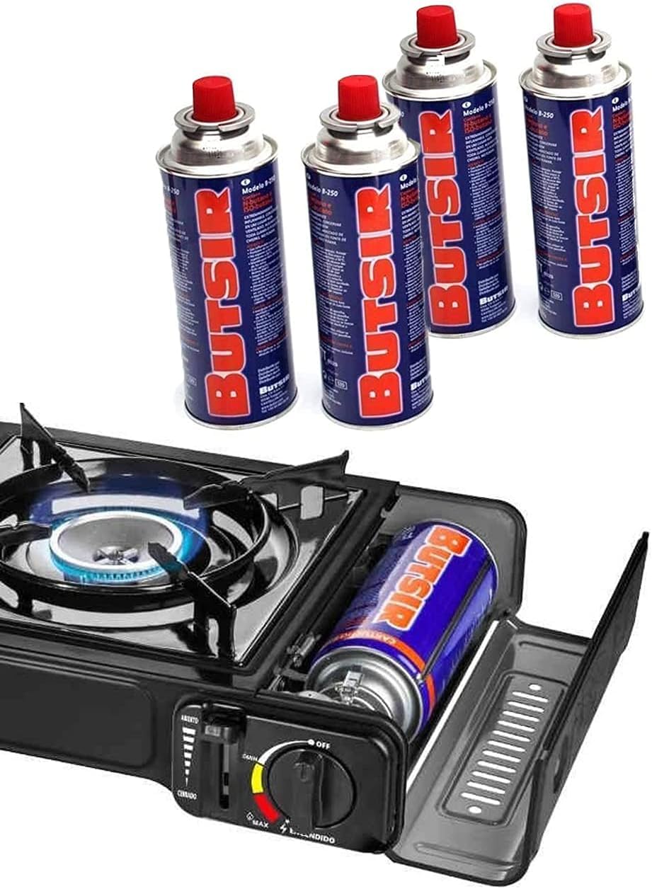 Camping Gas Portátil mas 4 Cartuchos de Recarga de Gas 227g – Hornillo de Gas Butano, Cocina de gas con Maletín.