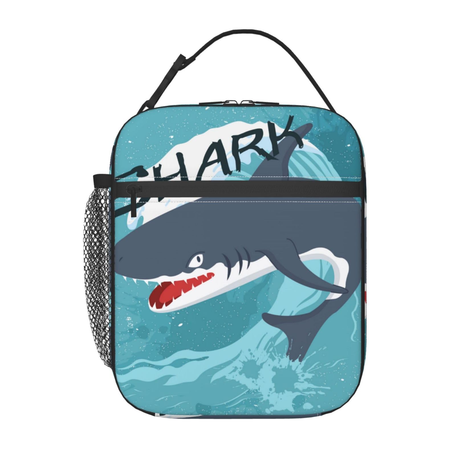 Borsa Termica Per Pranzo Con Disegno Di Squalo - 25x20x10 Cm, Isotermica, Con Tasca, Per Bambini E Adulti