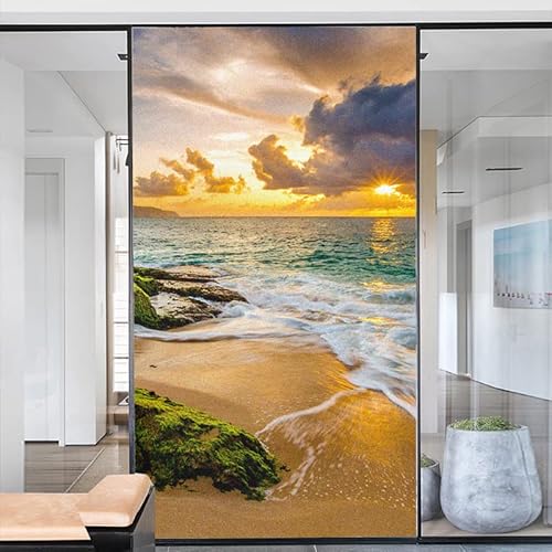 Window Tint Film Window Film Privacy Frosted Glass Sticker Sea Sunrise Decoration Adhesive Sticker for Home Window Film(60x200cm)