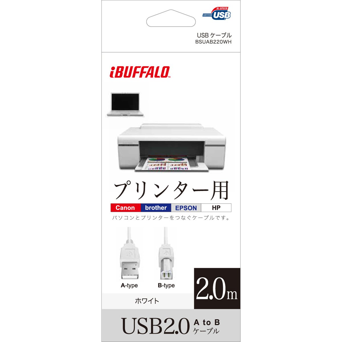 ?????? iBUFFALO BSUAB220WH USB 2.0 Cable, 6.6 ft (2.0 m), White