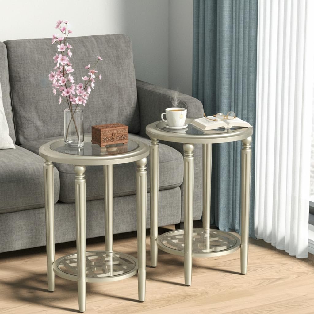 SUNBURY Set of 2 Modern End Tables with Tempered Glass Tops & Glass Lower Shelves, MDF Nightstands for Living Room, Bedroom, Dining Room (Champagne)