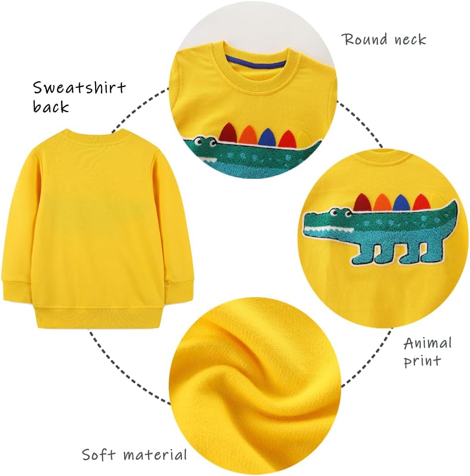 GFQLONG Toddler Boy Sweatshirts,Boys Pullover Crewneck Long Sleeve Shirts,Cotton Dinosaur Cartoon Sweaters Tops
