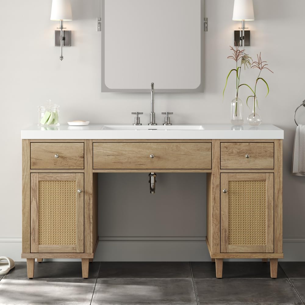 60" White Bathroom Vanity - SMC Sink with Soft Close Drawers, Solid Wood Legs and Silver Metal Knobs (Wood)