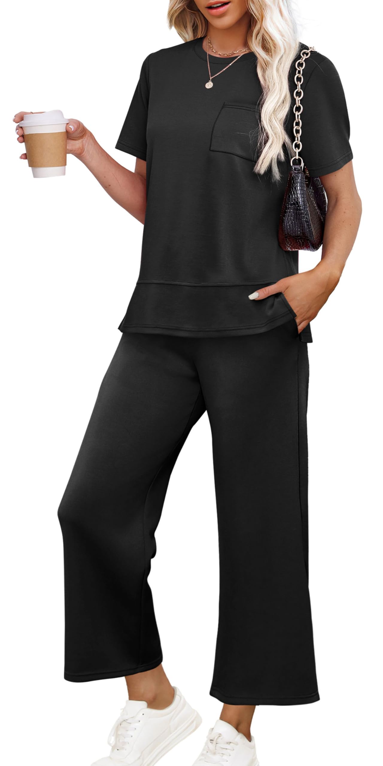 OFEEFAN Womens Lounge Sets Fashion Outfits Wide Leg Loungewear Side Slit Tracksuit for Vacation Travel Airport S-3XL