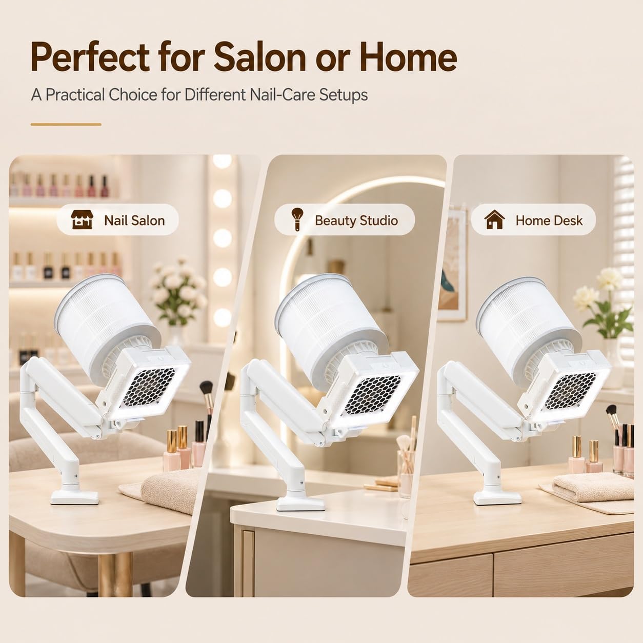 Odkurzacz stacjonarny do manicure 36 W + 5 W, oświetlenie Clip-On | Wykończony w klasycznym białym kolorze, który doskonale uzupełnia wystrój nowoczesnego salonu.