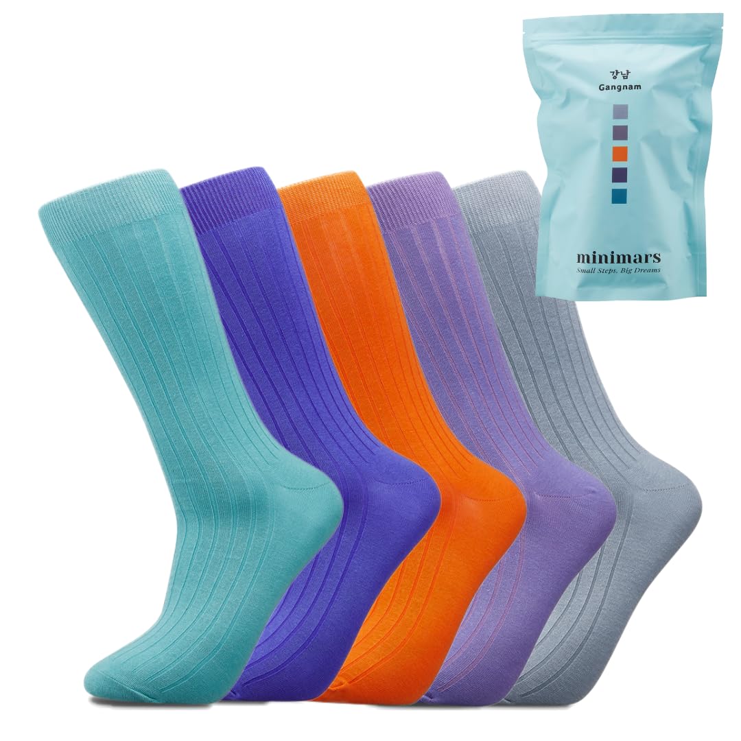 minimars Men’s Standard Colorful Ribbed Crew Socks, Lightweight Thin, Soft Cotton, Ultra Stretch (5 Pairs, Size 6-10)