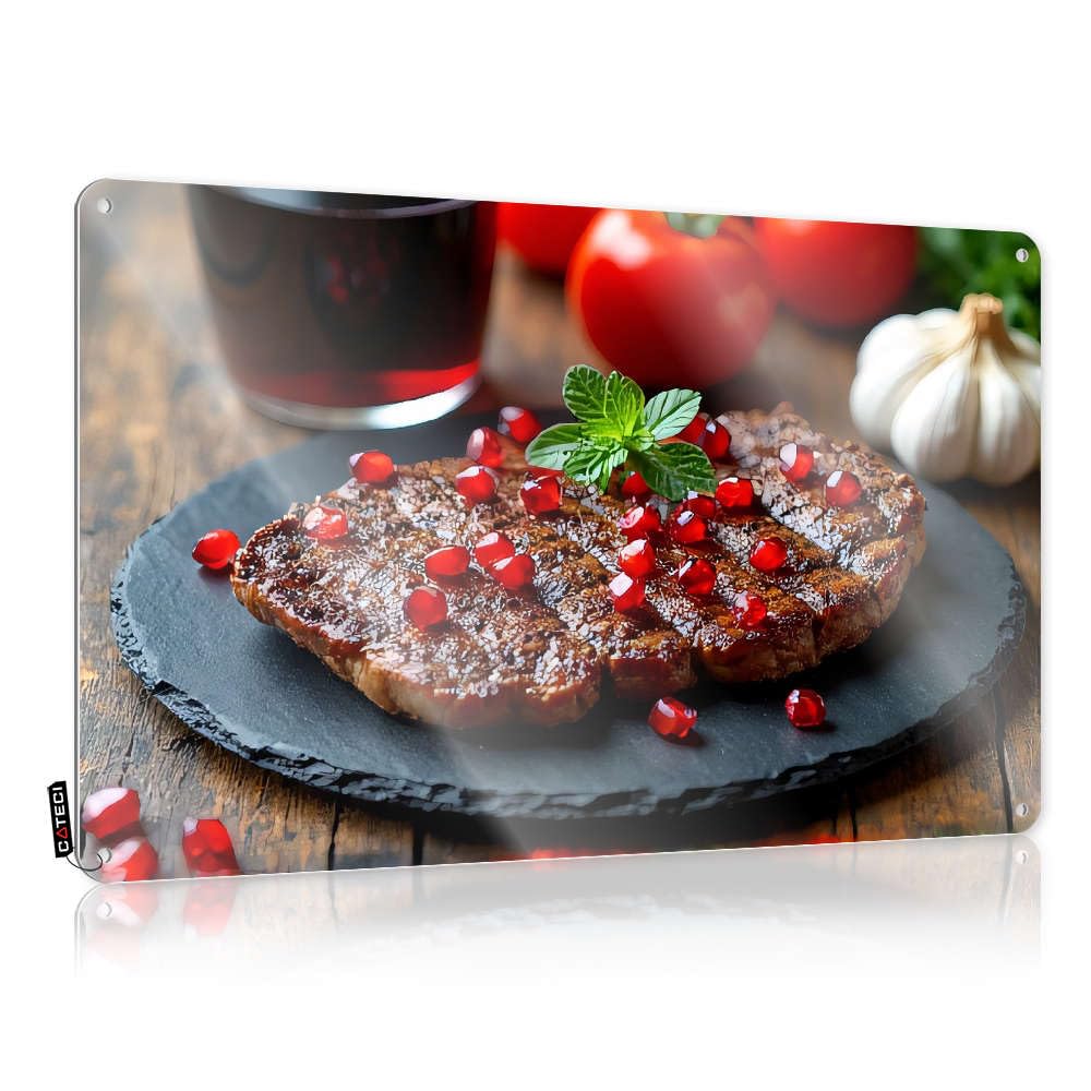 Fzfn Men's Colour Plaques Decor Rustic Steak With Pomegranate Seeds On A Black Plate. For Yard - Home Decor Customizable(30X40cm)