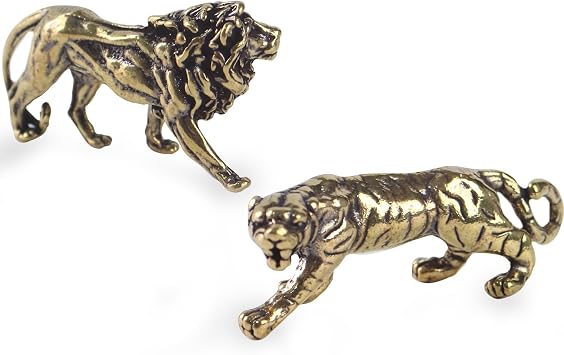 2pcs Brass Tiger Lion Sculpture - Decorative Vintage-Style Figurine for Living Room, Antique Bronze Finish, Indoor Tabletop Decor, Collectible Gift