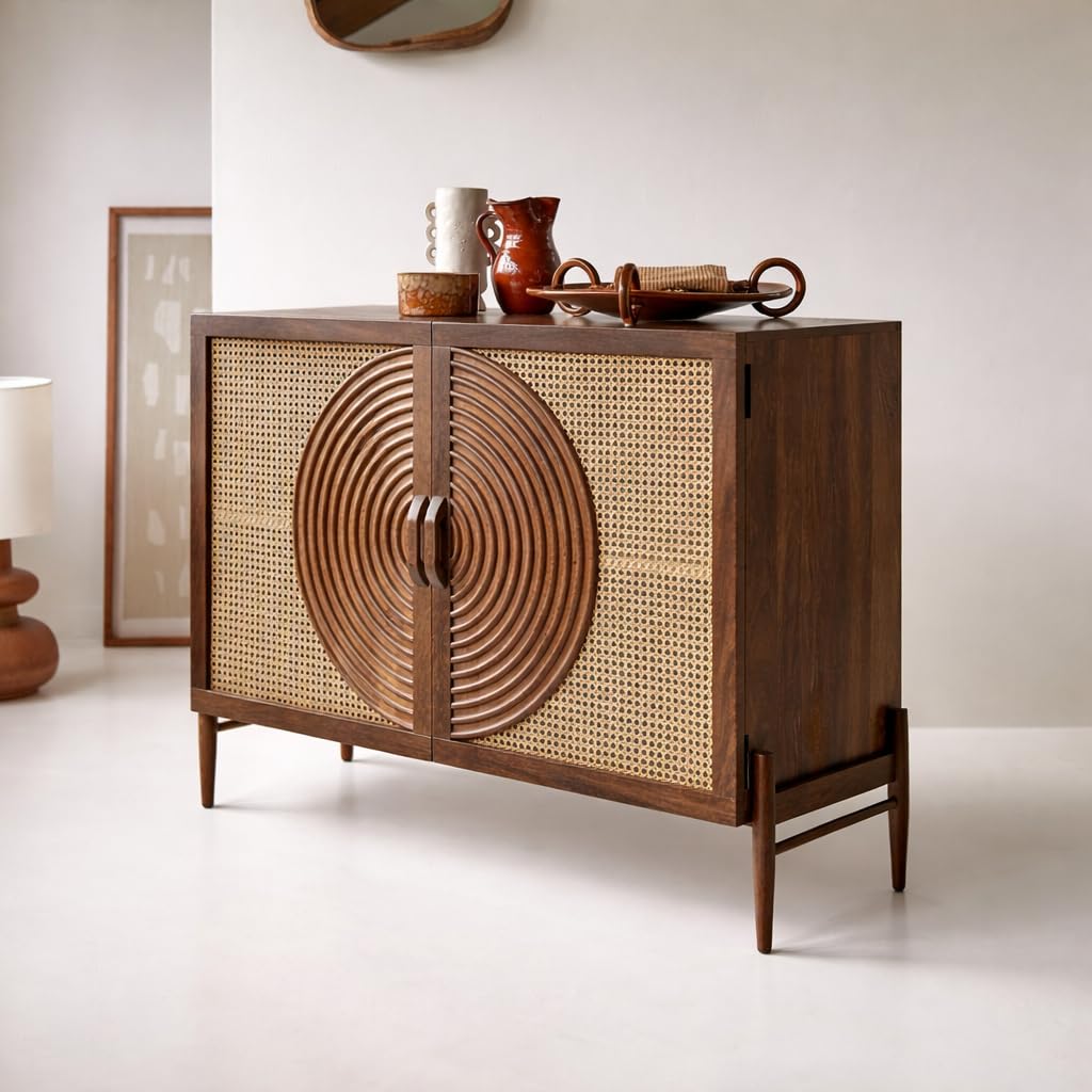 Osho Rattan 2 Door Cabinet | Spiral Carving Sideboard for Living Room | Cane Design Cabinet for Foyer Entrance | Pure Mango Wood, Warm Walnut Finish | Assembly - DIY-image-39