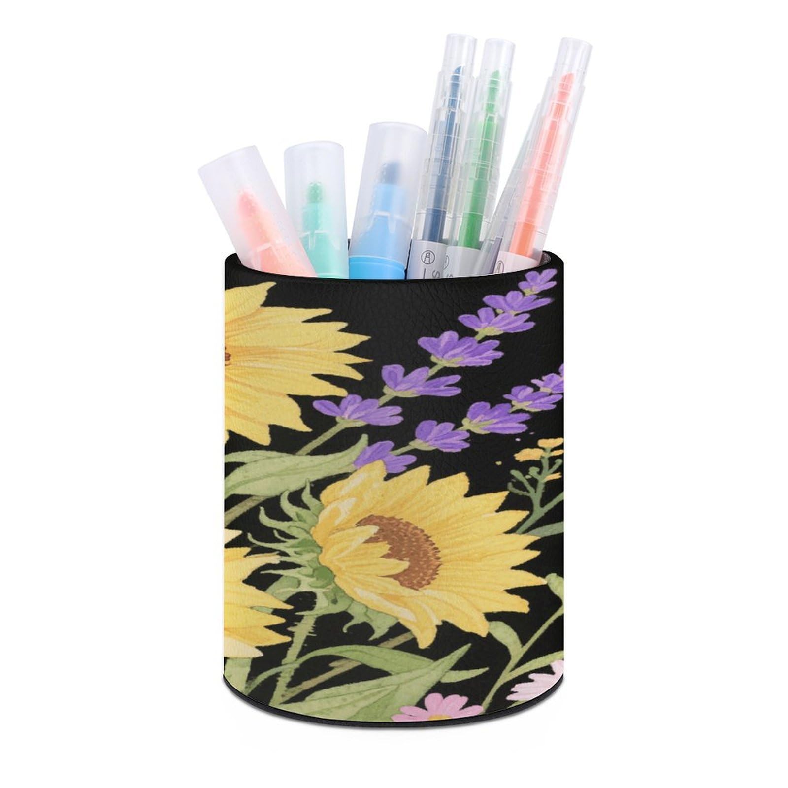 VstaDank Sunflower Wildflower Pen Holder Round Pencil Holder Cup Pen Container PU Leather Desk Organizer Stand Decorative Brush Scissor Holder Decoration Office Desk Home (3.1 x 3.9 inch)