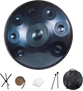 QWPDWA Instrumento de tambor de mano en re menor de 22 pulgadas, tambor de mano de acero de 440 Hz, con bolsa de mano, trípode de tambor, para producción de audio profesional, color azul, 9 notas