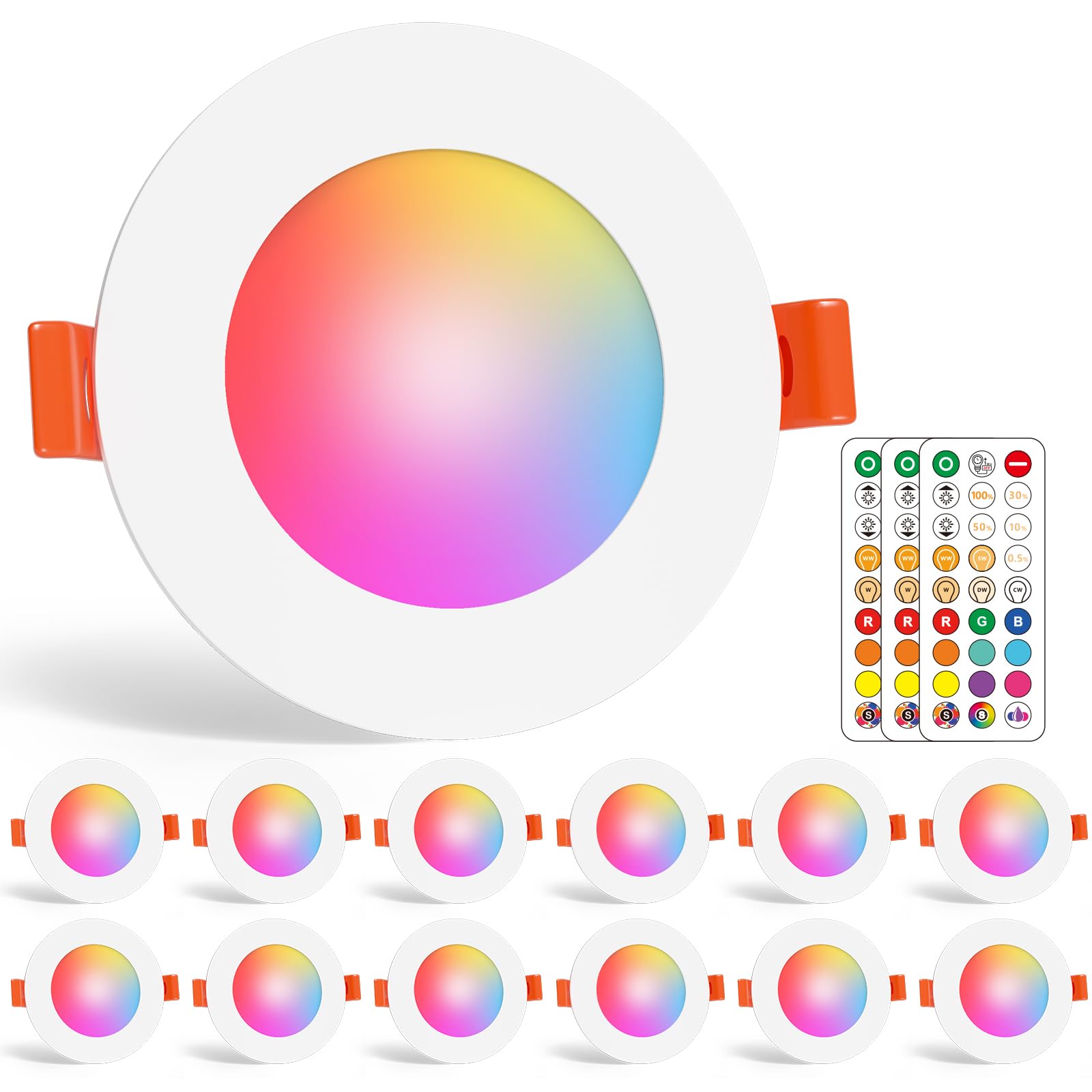 LED Einbaustrahler RGBW mit Fernbedienung 7W, LED Spots 230V Deckenspots IP44 Einbauspots Flach 2700K-6000K Dimmbar mit Farbwechsel Für Badezimmer Küche 3inch 68mm-85mm 12er-Pack