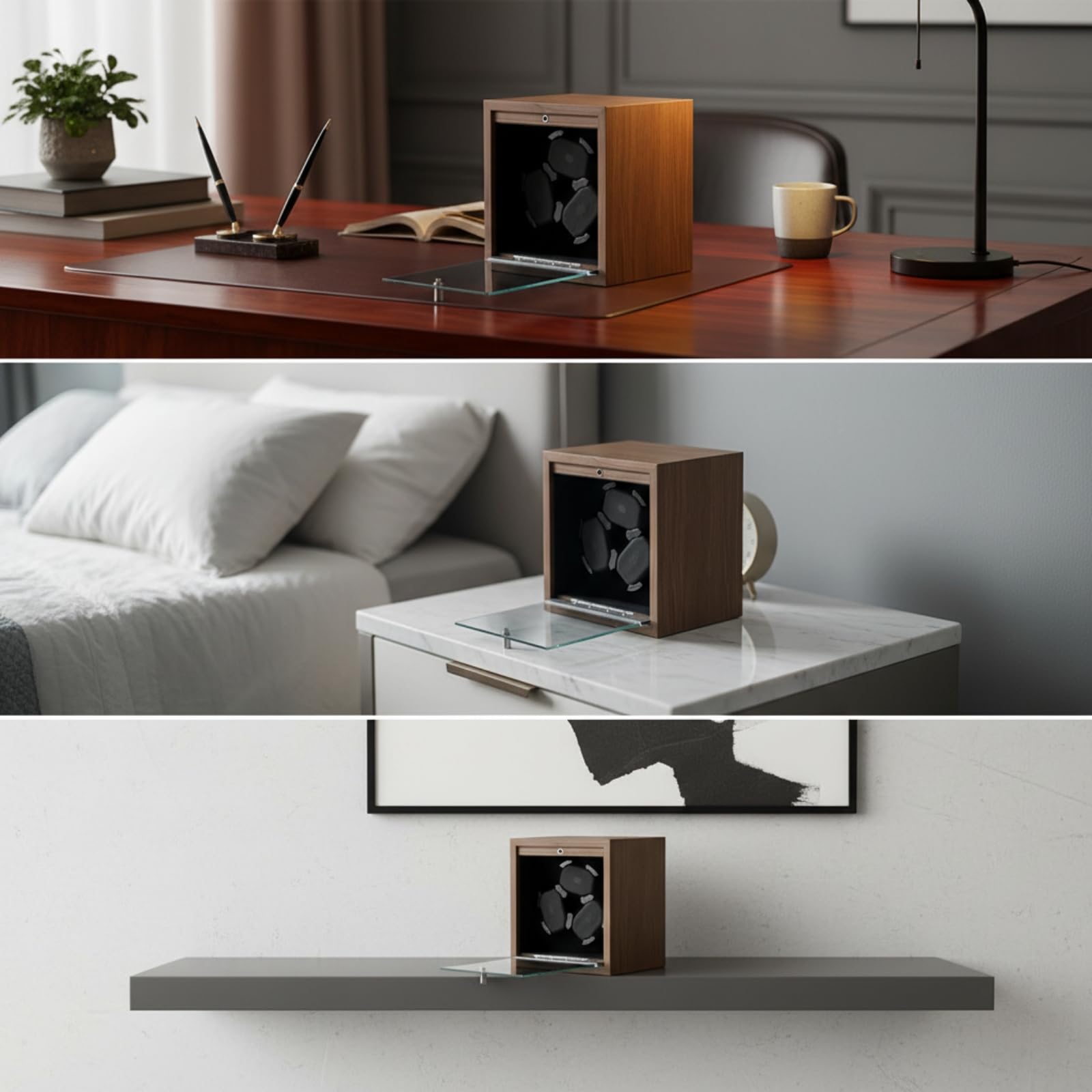 Uhrenbox mit Glastür Holzoptik Uhrenbeweger Stilvoll Uhrenbewegerbox für Uhrensammler, Kommode
