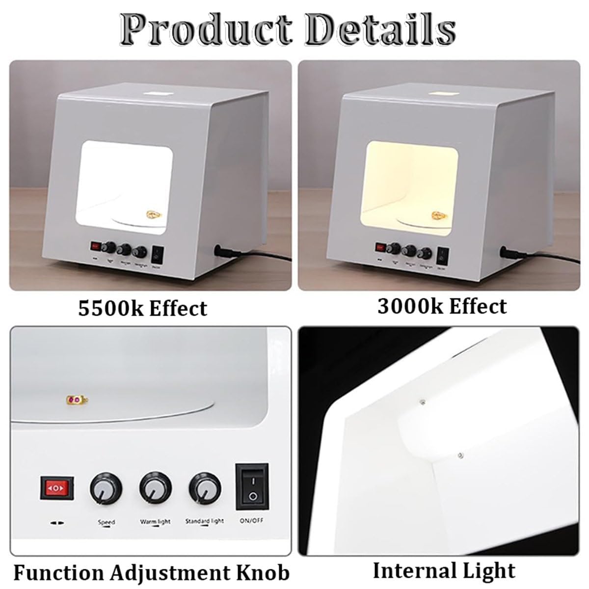 Caja de luz portátil para estudio fotográfico de 22 cm con luz ajustable de 3000 a 5500 K, carpa de luz profesional para fotografía de productos, soporte para colgar o colocar joyas