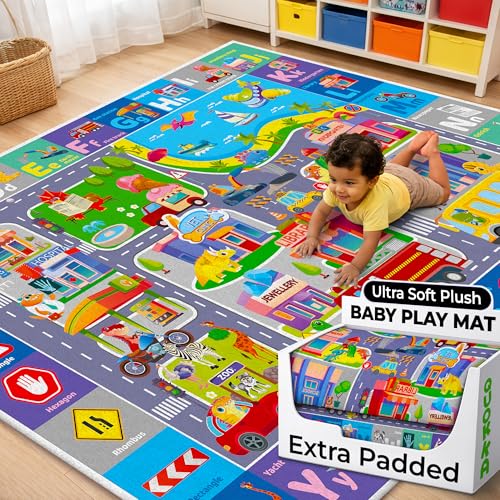 Image of QUOKKA Baby Mat for Floor Play for Babies 6-12 Months – Super Soft Baby Floor Play Mat for Toddlers 1-3 – ABC City Large Thick Plush Rug for Nursery – Padded Foldable Activity Infant Playroom Carpet