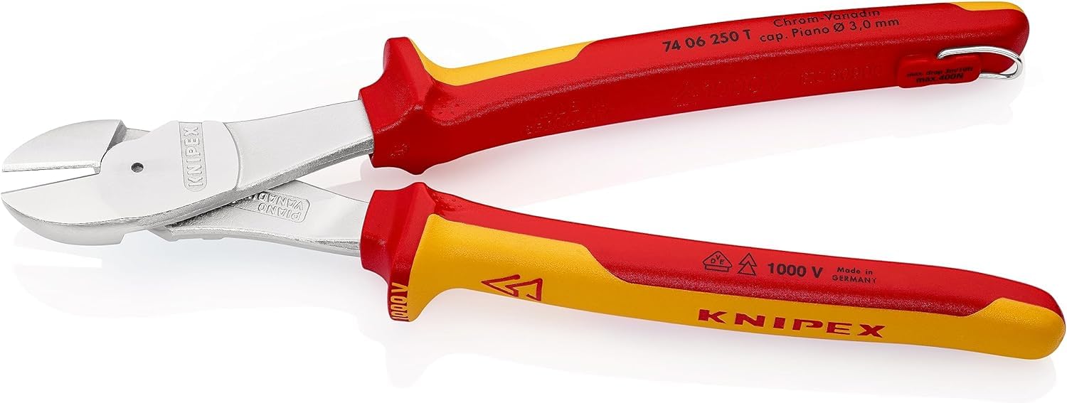 KNIPEX Alicates de corte diagonal de fuerza cromado Aislado con fundas multicomponente, homologado por VDE; con anilla de fijación, 74 06 250 T