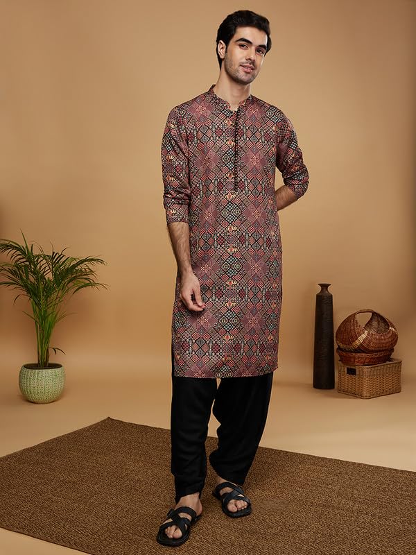 Image of KISAH Men's Kurta Patiala Set with Dupatta, Black Cotton Blend, Printed Regular Fit Mandarin Collar Long Sleeves