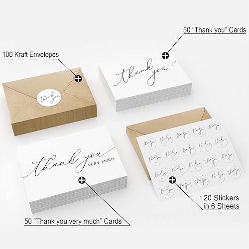 Miniatura 2 de Tarjetas de agradecimiento con sobres y calcomanías Kraft paquete de 100 unidades 5 x 375 pulgadas diseño minimalista notas en blanco para