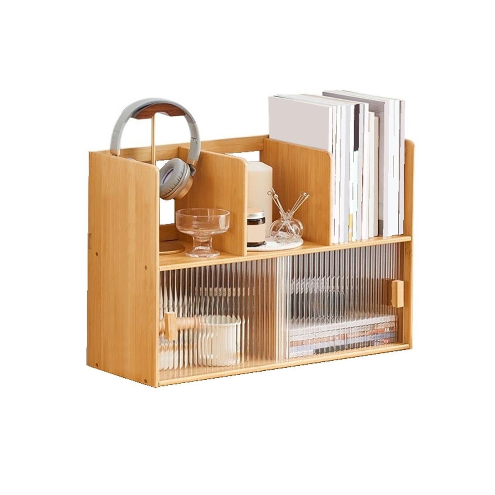 Petites étagères Bibliothèque de Table en Bambou avec Porte coulissante en Verre Bibliothèque de Table(L)