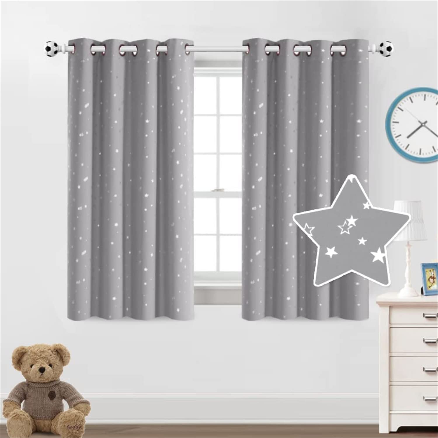Blackout Star Curtains for Kids Room Boys Girls Twinkle Silver Stars Thermal Insulated Cute Thick Grommet Curtain for Nursery Home Decoration Window Drapes 2 Panels Set (Grey/Silver,2 x 52"Wx54"L)